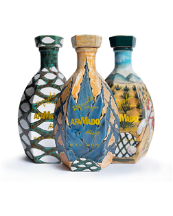 Image of 3 ceramic Afamado Añejo Tequila bottles, its cermamic design features colors of blue, orange, yellow, green, and white.