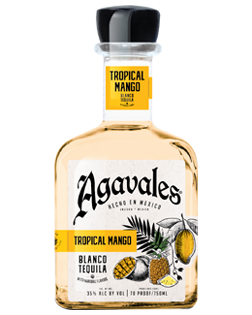 Image of a bottle of Agavales Tropical Mango Tequila, featuring a sleek design with a white label and black and yellow accents.