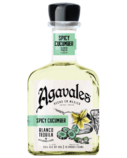 Image of a bottle of Agavales Spicy Cucumber Tequila, featuring a sleek design with a white label and black and teal accents.