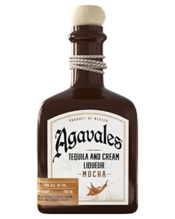 Image of a bottle of Agavales Cream Mocha Tequila featuring a slick design with a white label and black and brown accents.