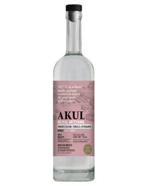 Image of a bottle of AKUL Madrecuishe-Tobalá-Arroqueño Mezcal featuring a slick design with a pink label and white, and black accents.