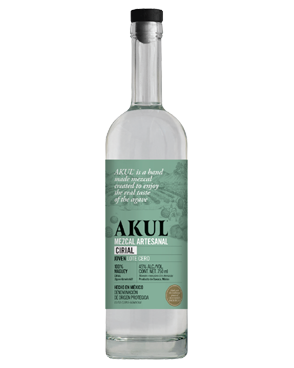 Image of a bottle of AKUL Cirial Mezcal featuring a slick design with a blue label and white, and black accents.