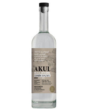 Image of a bottle of AKUL Espadín-Tepeztate Mezcal featuring a slick design with a brown label and white, and black accents.