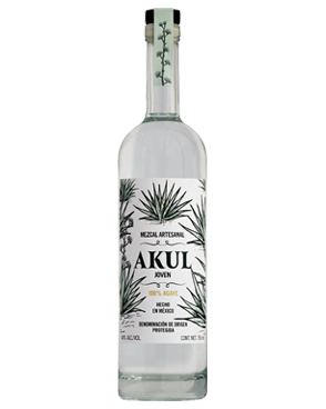 Image of a bottle of AKUL Joven Mezcal featuring a slick design with a white label and green, and black accents.