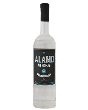 Image of a bottle of Alamo Vodka featuring a sleek design with a black label and white and blue accents.