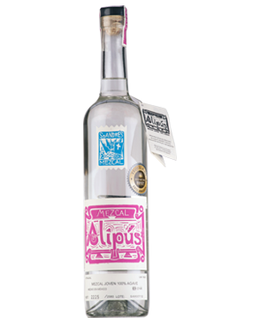 Image of a bottle of Alipús Mezcal featuring a sleek design with a white label and pink accents.