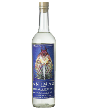 Image of a bottle of Animas Joven Mezcal featuring a sleek design with a blue label and green, yellow, orange, and white accents.