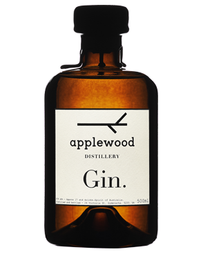 Image of a bottle of Applewood Gin featuring a sleek design with a white label and black accents.