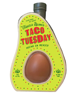 Image of a bottle of Taco Tuesday Blanco Tequila in the shape of an avocado featuring colors of red, green, and brown.