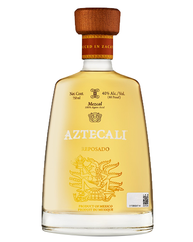 Image of a bottle of Aztecali Reposado Mezcal featuring a sleek design with a clear label and gold, and white accents.