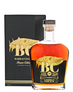 Image of a bottle of Barracuda Cray Rum featuring a sleek design with a black label and gold accents.