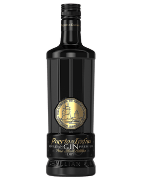 Image of a black bottle of Puerto de Indias Gin featuring a sleek design with a gold stamp logo, black label and gold and white accents.