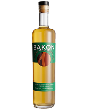 Image of a bottle of Bakon Rosemary Vodka featuring a sleek design with a green label and white accents.