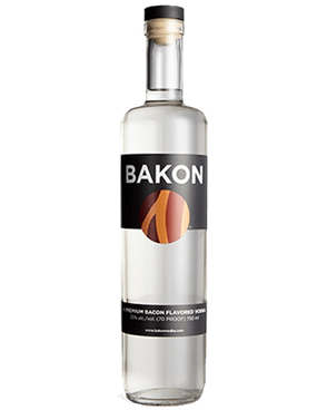 Image of a bottle of Bakon Bacon Vodka featuring a sleek design with a black label and white accents.