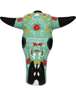 Image of a bottle of Azulejos Barebone Trophy Head Tequila, featuring a bull's skull design colored teal, white, red, orange, and black.