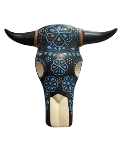 Image of a bottle of Azulejos Barebone Reposado Tequila, featuring a bull's skull design colored black, blue, and white.