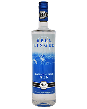 Image of a bottle of Bellringer Gin featuring a sleek design with a blue label and black and white accents.