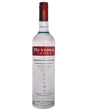 Image of a bottle of Beyond Vodka featuring a sleek design with a red label and white and silver accents.