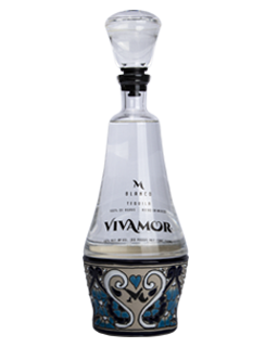 Image of a bottle of Vivamor Blanco Tequila featuring a slick design with a clear label and black accents.