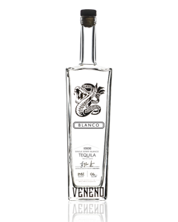 Image of a bottle of Veneno Blanco Tequila featuring a slick design with a white label and silver accents.