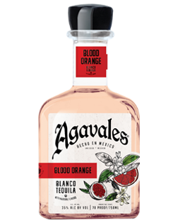 Image of a bottle of Agavales Blood Orange Tequila, featuring a sleek design with a white label and black and red accents.