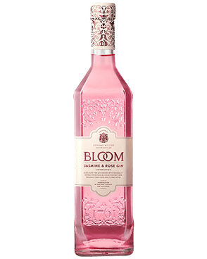 Image of a pink bottle of Bloom Jasmine & Rose Gin featuring a sleek design with an off-white label and red accents.