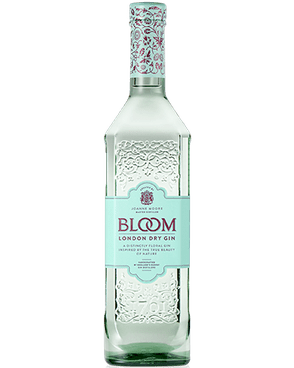 Image of a bottle of Bloom London Dry Gin featuring a sleek design with a light blue label and red accents.