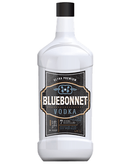 Image of a bottle of Bluebonnet Vodka featuring a sleek design with a black label and blue and white accents.