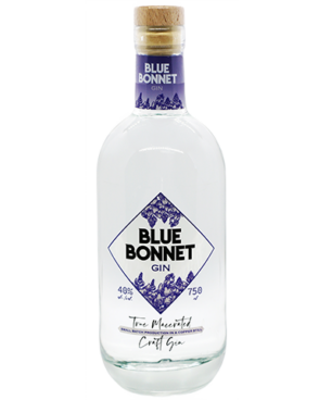 Image of a bottle of Bluebonnet Gin featuring a sleek design with a clear label and black and blue accents.