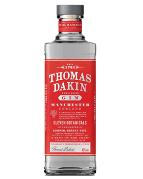 Image of a bottle of Thomas Dakin Gin featuring a sleek design with a red label and white accents.