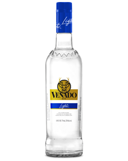 Image of a bottle of Venado Light featuring a sleek design with a gold label and blue and black accents.