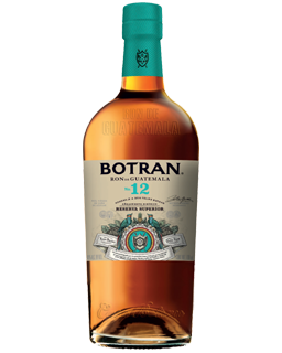 Image of a bottle of Botran N°12 Rum featuring a sleek design with a tan label and black accents.