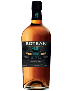 Image of a bottle of Botran N°15 Rum featuring a sleek design with a black label and white accents.