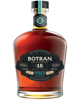 Image of a bottle of Botran N°18 Rum featuring a sleek design with a black label and white accents.