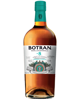 Image of a bottle of Botran N°8 Rum featuring a sleek design with a white label and black accents.