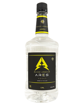 Image of a bottle of Ares Vodka featuring a sleek design with a black label and white and yellow accents.