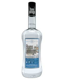 Image of a bottle of Buen Amigo Silver Tequila, featuring a sleek design with a white label and silver, and blue accents.