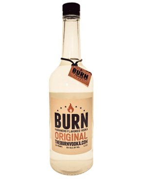 Image of a bottle of Burn Vodka featuring a sleek design with a tan label and black and brown accents.