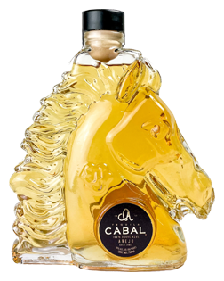 Image of a bottle of Cabal Añejo Tequila, featuring a horse's head design with a black label and white, and gold accents.