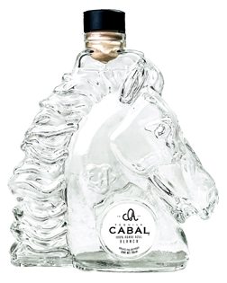 Image of a bottle of Cabal Blanco Tequila, featuring a horse's head design with a white label and black accents.