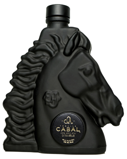 Image of a bottle of Cabal Extra Añejo Tequila, featuring a horse's head design with a black label and gold accents.