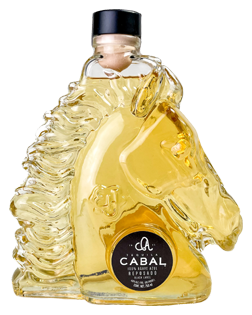 Image of a bottle of Cabal Reposado Tequila, featuring a horse's head design with a black label and white accents.