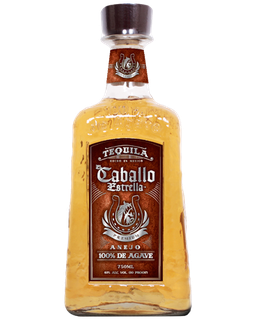 Image of a bottle of Caballo Estrella Anejo Tequila, featuring a sleek design with a leather toned label and silver accents.