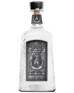 Image of a bottle of Caballo Estrella Blanco Tequila, featuring a sleek design with a blackened silver label and silver accents.