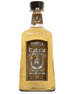 Image of a bottle of Caballo Estrella Reposado Tequila, featuring a sleek design with a bronze label and silver accents.