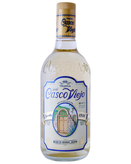 Image of a bottle of Casco Viejo Tequila, featuring a sleek design with a white label and blue accents.