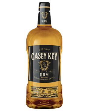 Image of a bottle of Casey Key Rum featuring a sleek design with a black label and gold and white accents.