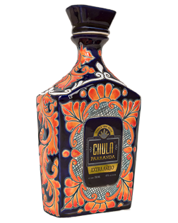 Image of a bottle of Chula Parranda Extra Añejo Tequila, featuring a ceramic design with a black label and gold accents.