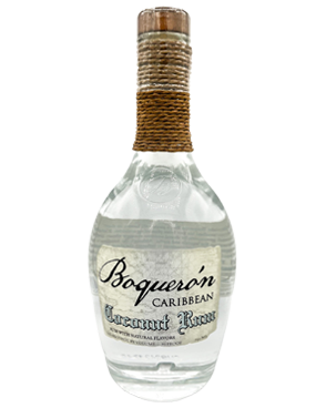 Image of a bottle of Boquerón Coconut Rum featuring a sleek design with an aged white label and silver and black accents.