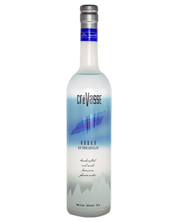 Image of a bottle of Crevasse Vodka featuring a sleek design with a blue and white label and black accents.